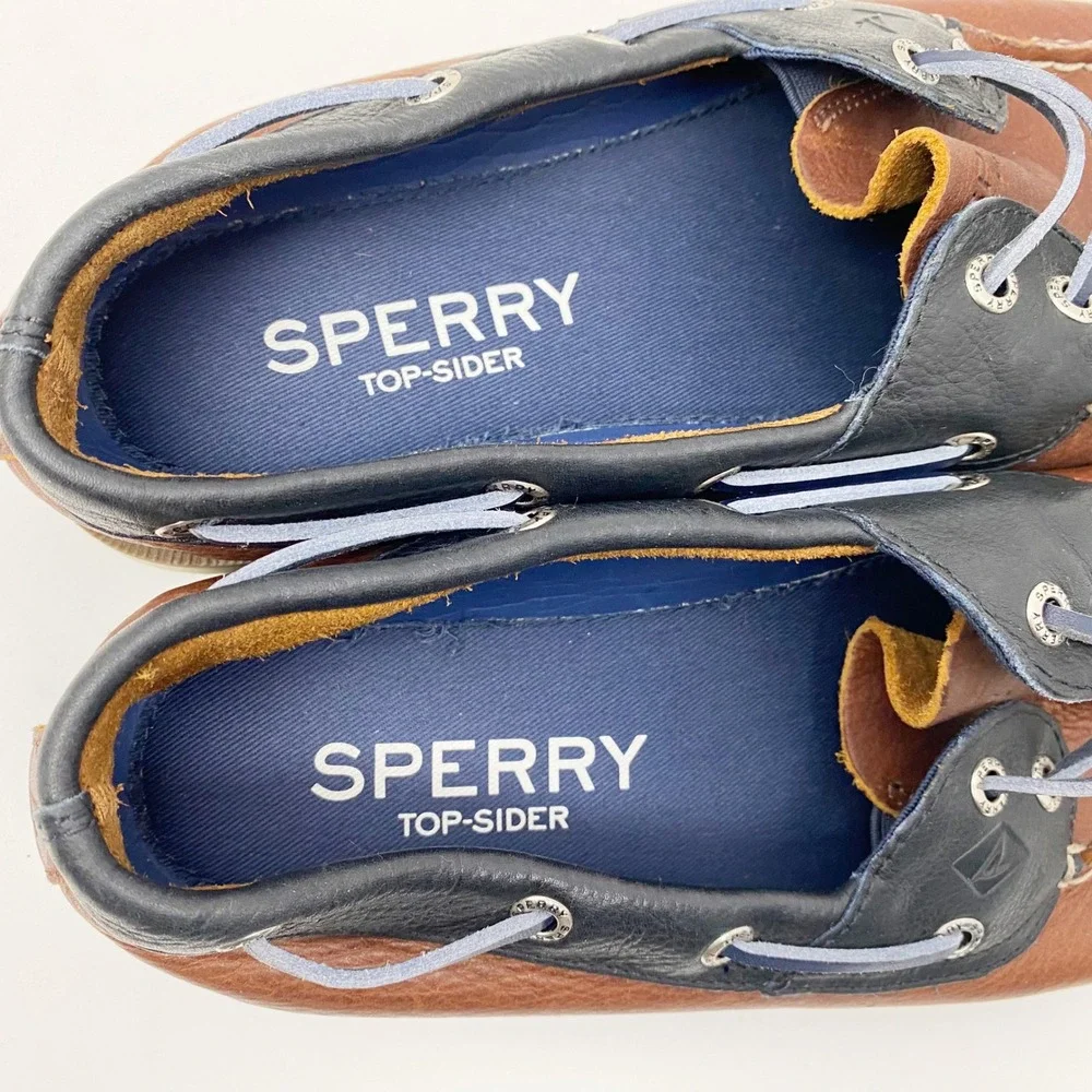 Sperry Leeward Cross Lace Leather Boat Shoe Loafer Mens 9.5M Brown Navy STS21328